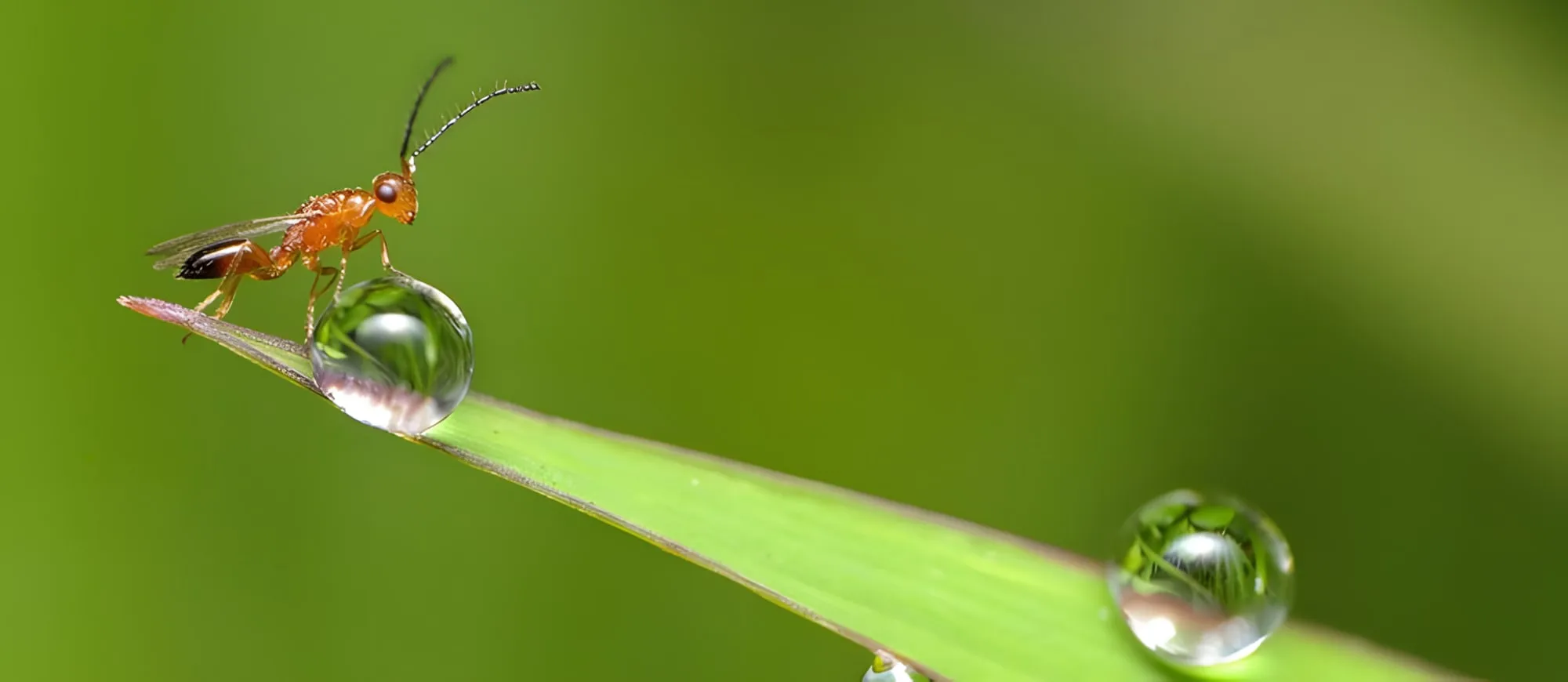 Formica arancione su una foglia d’erba, vicino a una goccia d’acqua trasparente