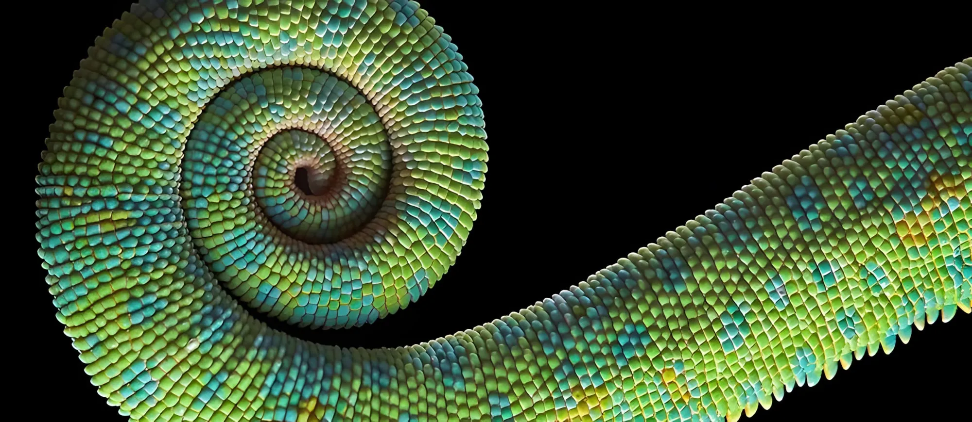 Coda arrotolata a spirale di un camaleonte, con le scaglie verdi e azzurre