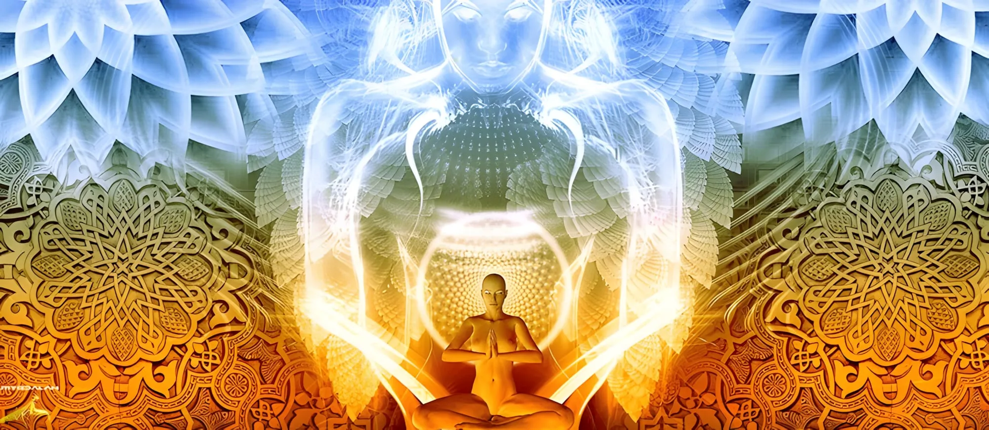 Figura in meditazione con le mani giunte, avvolta da una luce dorata e da un grande essere di luce azzurra