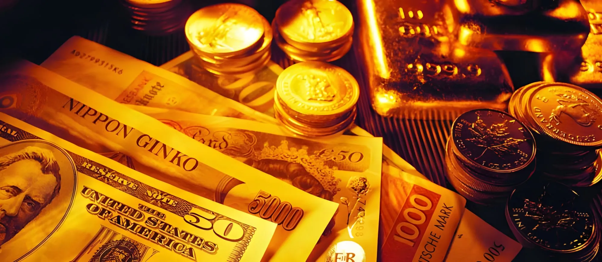 Banconote di varie valute, monete e lingotti d'oro in una luce dorata