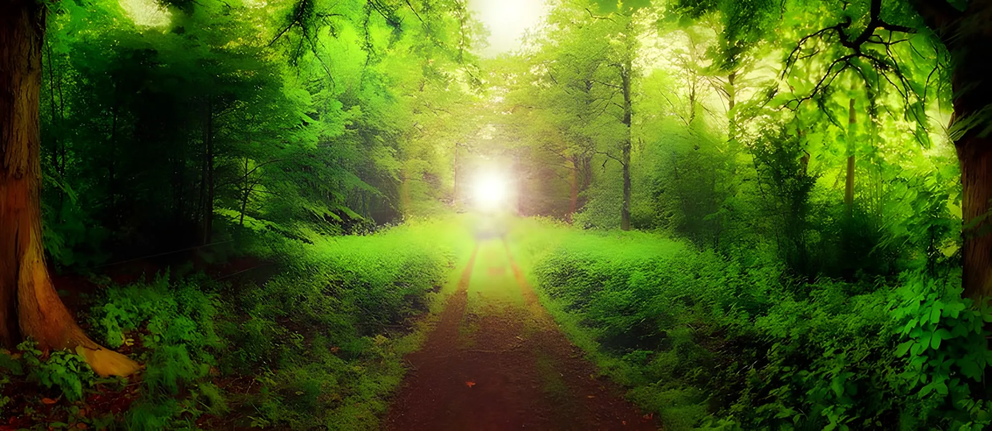 Sentiero in un bosco verde che porta verso una luce splendente in fondo