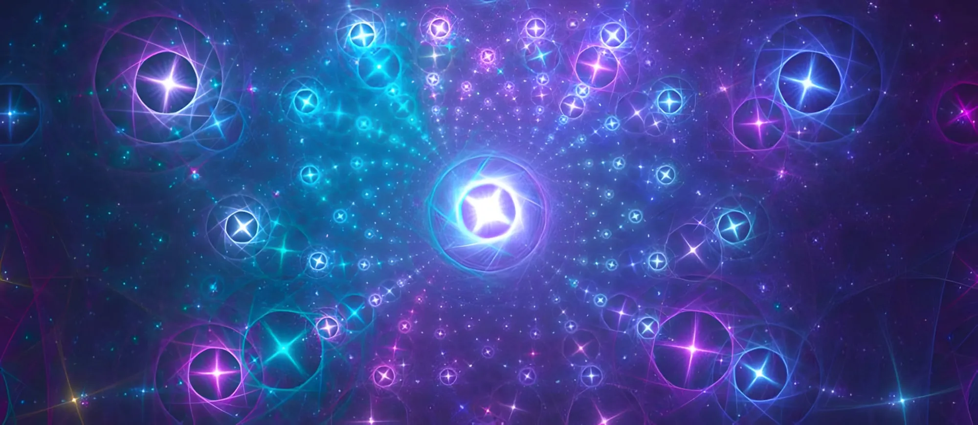 Stelle luminose di diverse dimensioni, azzurre e viola, disposte a raggiera attorno a una luce centrale