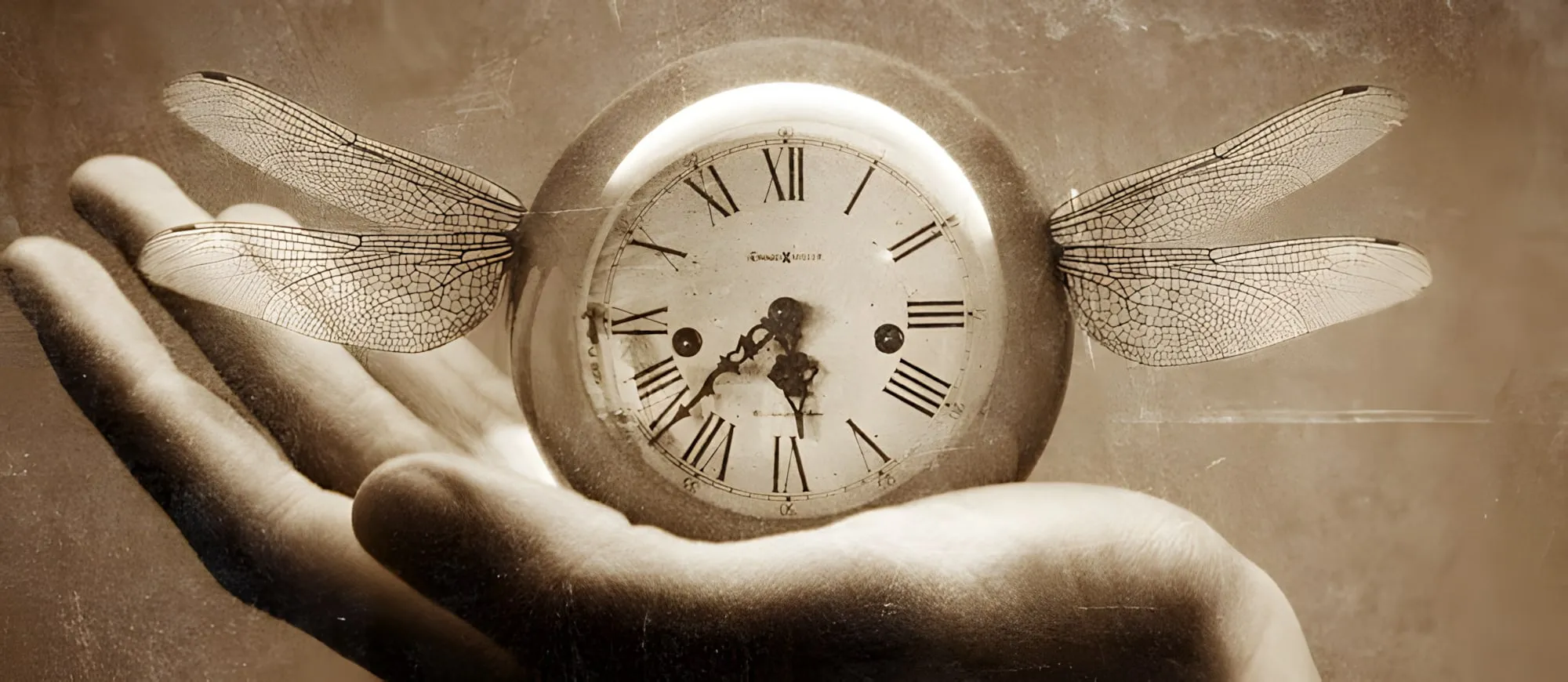 Orologio dalla cassa tonda con numeri romani e ali di libellula, tenuto sul palmo di una mano, in toni seppia