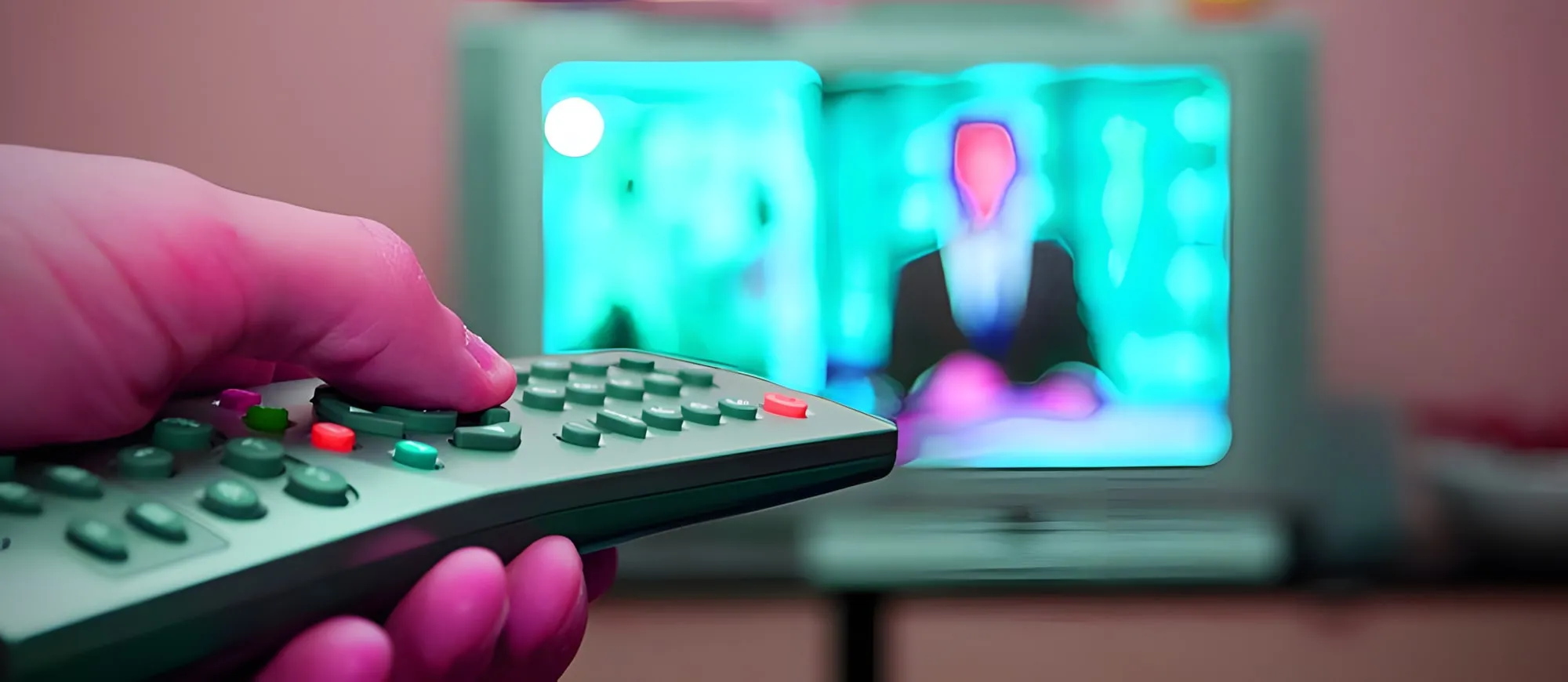 Mano che punta il telecomando verso una televisione accesa, con il volto sfocato di un presentatore
