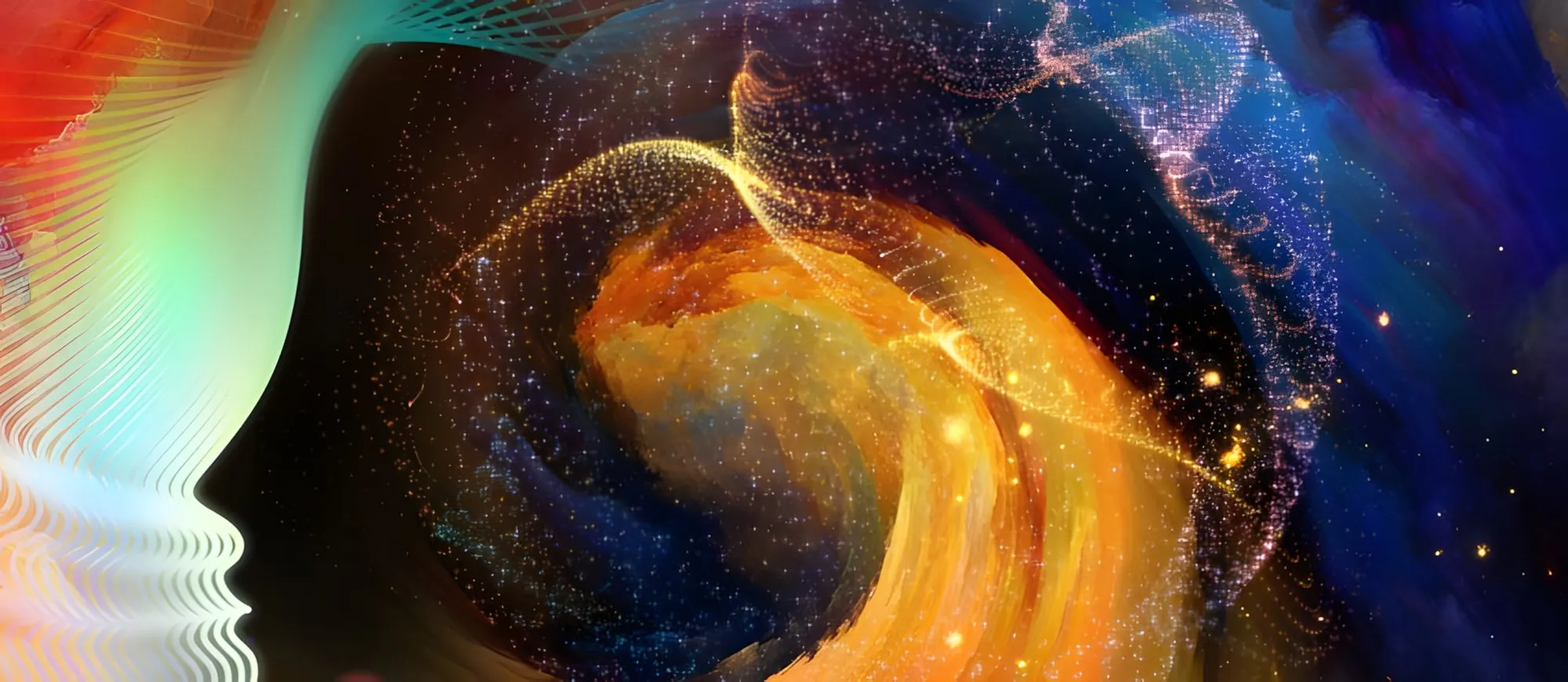 Profilo di una testa umana con vortici di luce colorata e polvere di stelle che si aprono nello spazio