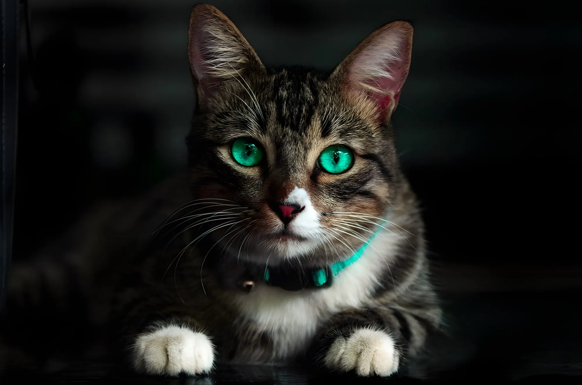Gatto tigrato con gli occhi verdi e un collare azzurro, sdraiato con le zampe bianche in avanti