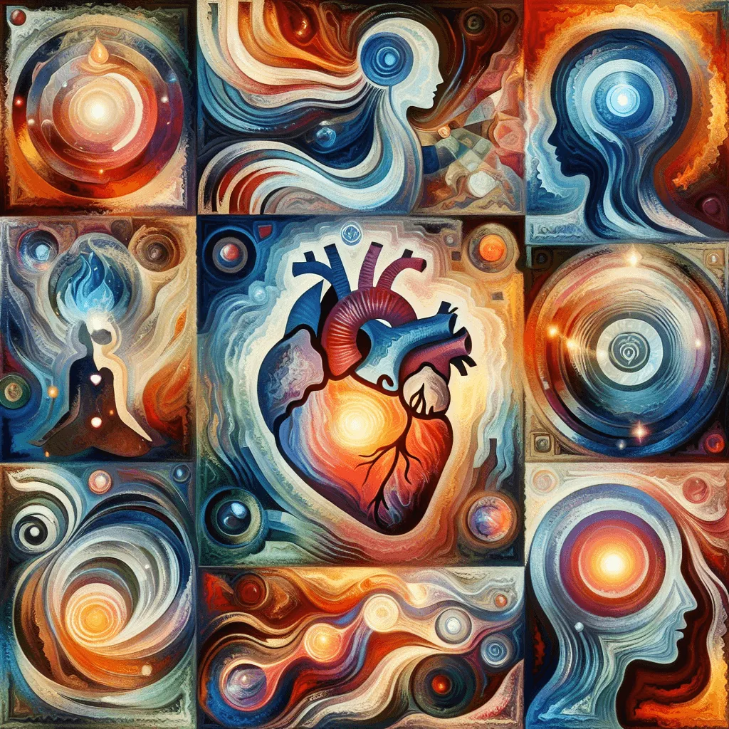 Collage astratto di figure umane e spirali di luce, con al centro un cuore anatomico luminoso