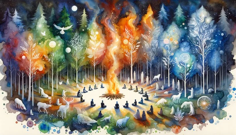 Acquerello di un cerchio di persone che meditano attorno a un fuoco in un bosco dai mille colori, con animali