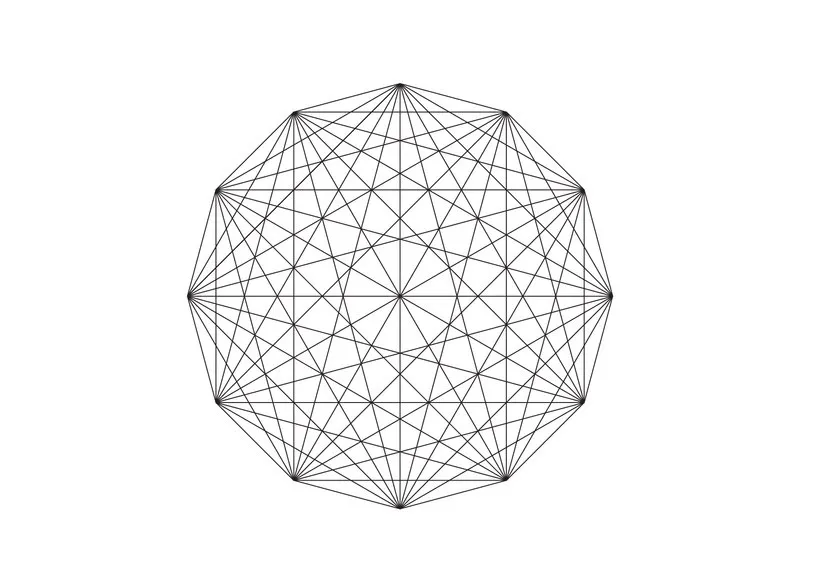 Tesseract a 12 punti in nero su fondo bianco: dodici vertici uniti da linee che si intersecano