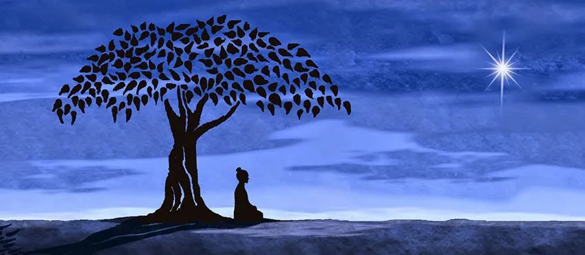 Silhouette di una persona in meditazione sotto un grande albero, mentre una stella brilla nel cielo blu notte