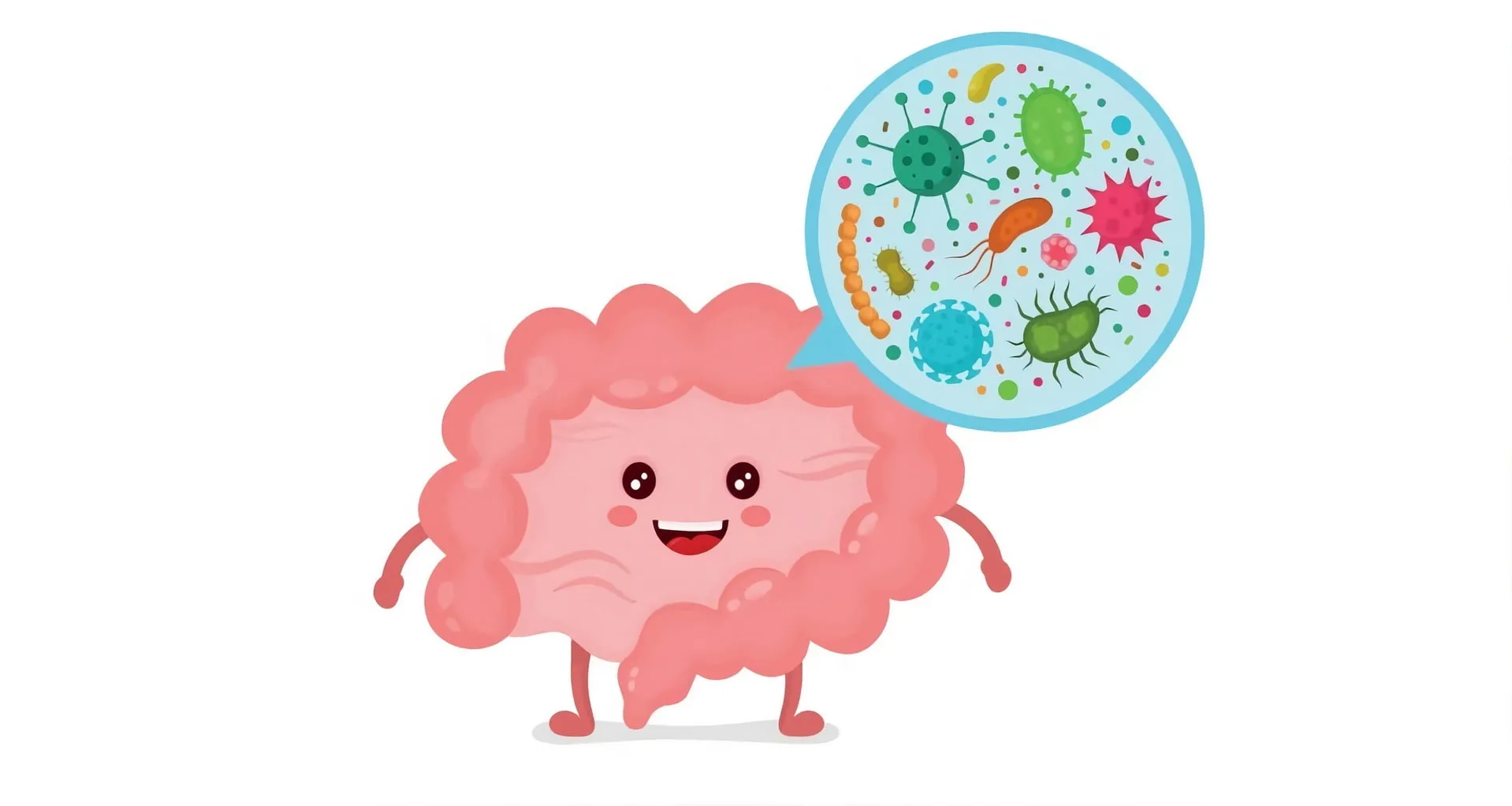 Illustrazione di un intestino sorridente con una lente che mostra batteri e microrganismi colorati