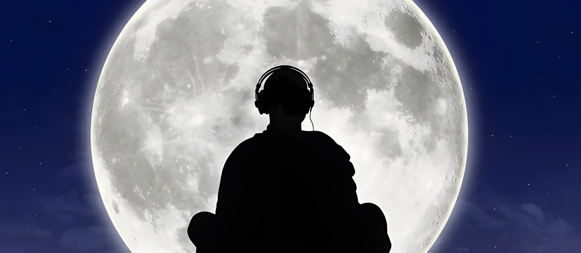Silhouette di una persona seduta in meditazione con le cuffie, davanti a una grande luna piena nel cielo notturno