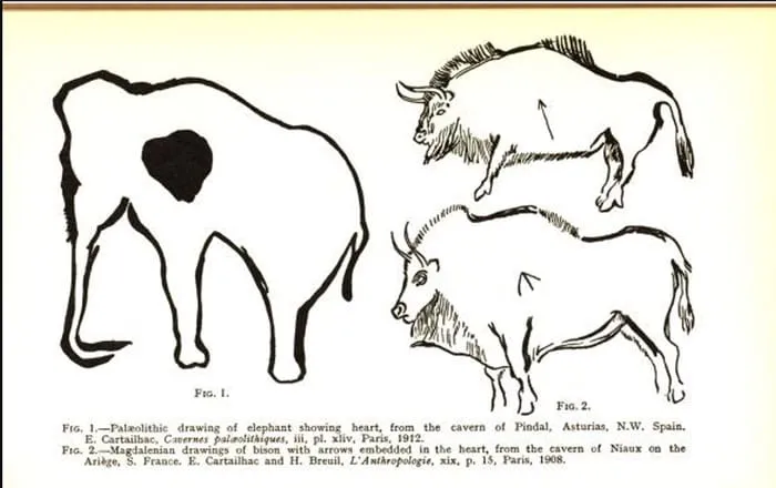 Disegno paleolitico di un elefante con il cuore evidenziato da una macchia scura, accanto a due bisonti con frecce nel cuore
