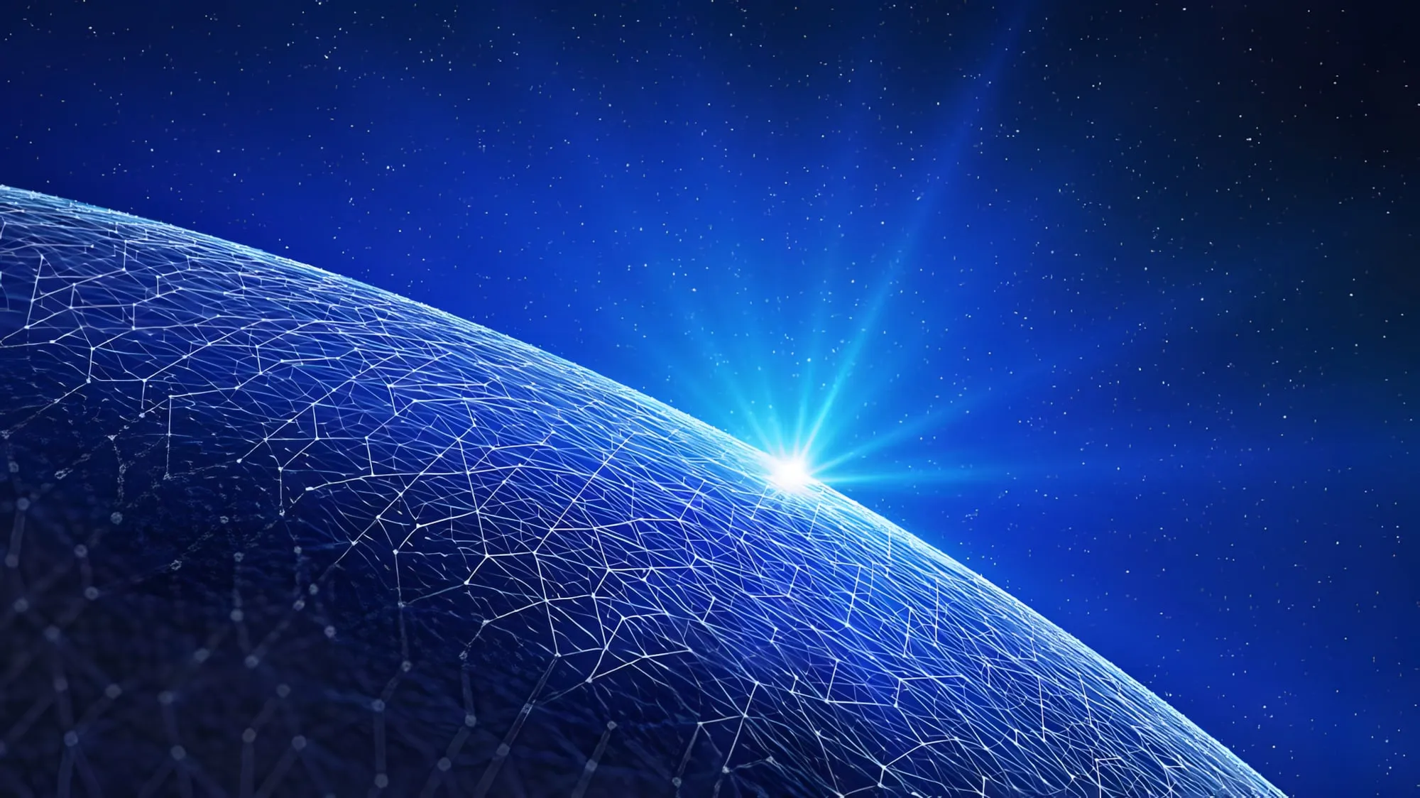 Pianeta Terra ricoperto da una rete di linee luminose, con un’alba di luce nello spazio stellato