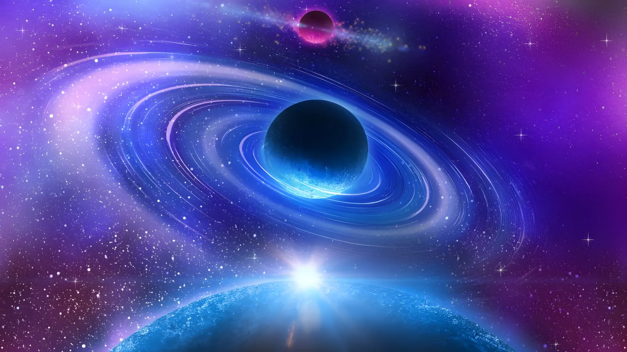 Pianeta scuro circondato da anelli blu luminosi nello spazio viola, con un secondo pianeta e una stella in primo piano