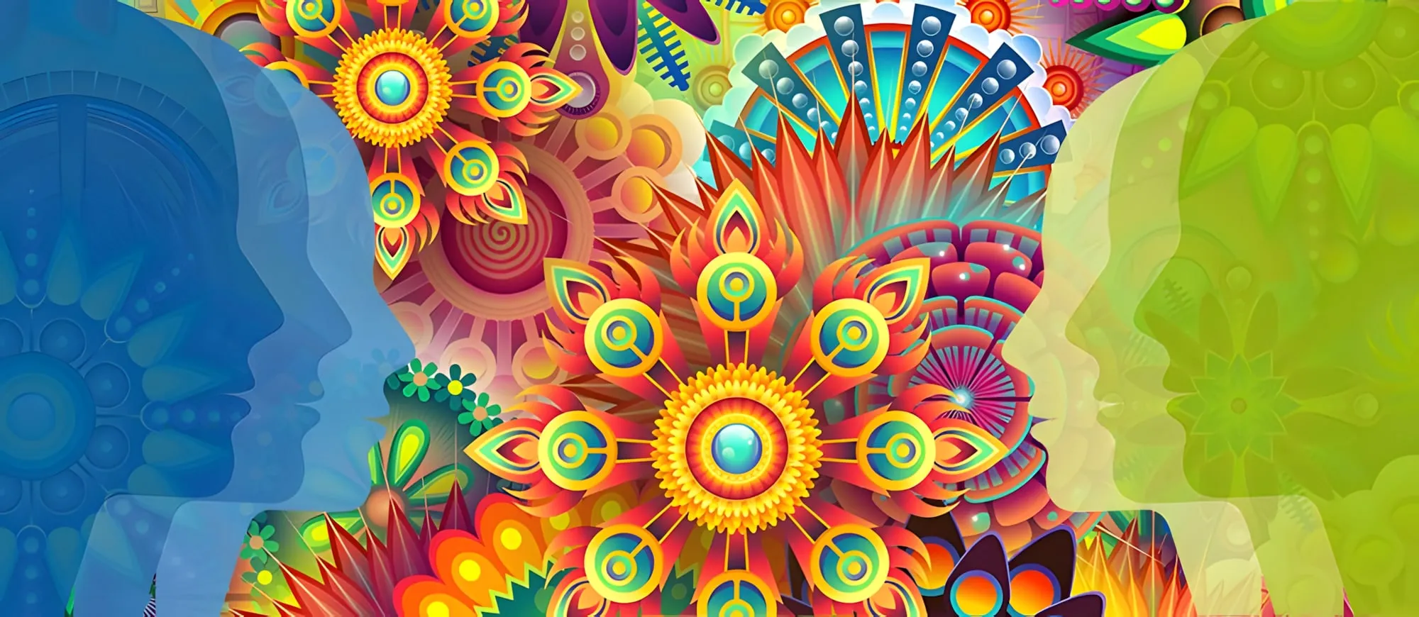 Due profili umani, uno azzurro e uno verde, di fronte a un'esplosione di fiori e mandala psichedelici dai colori vivaci