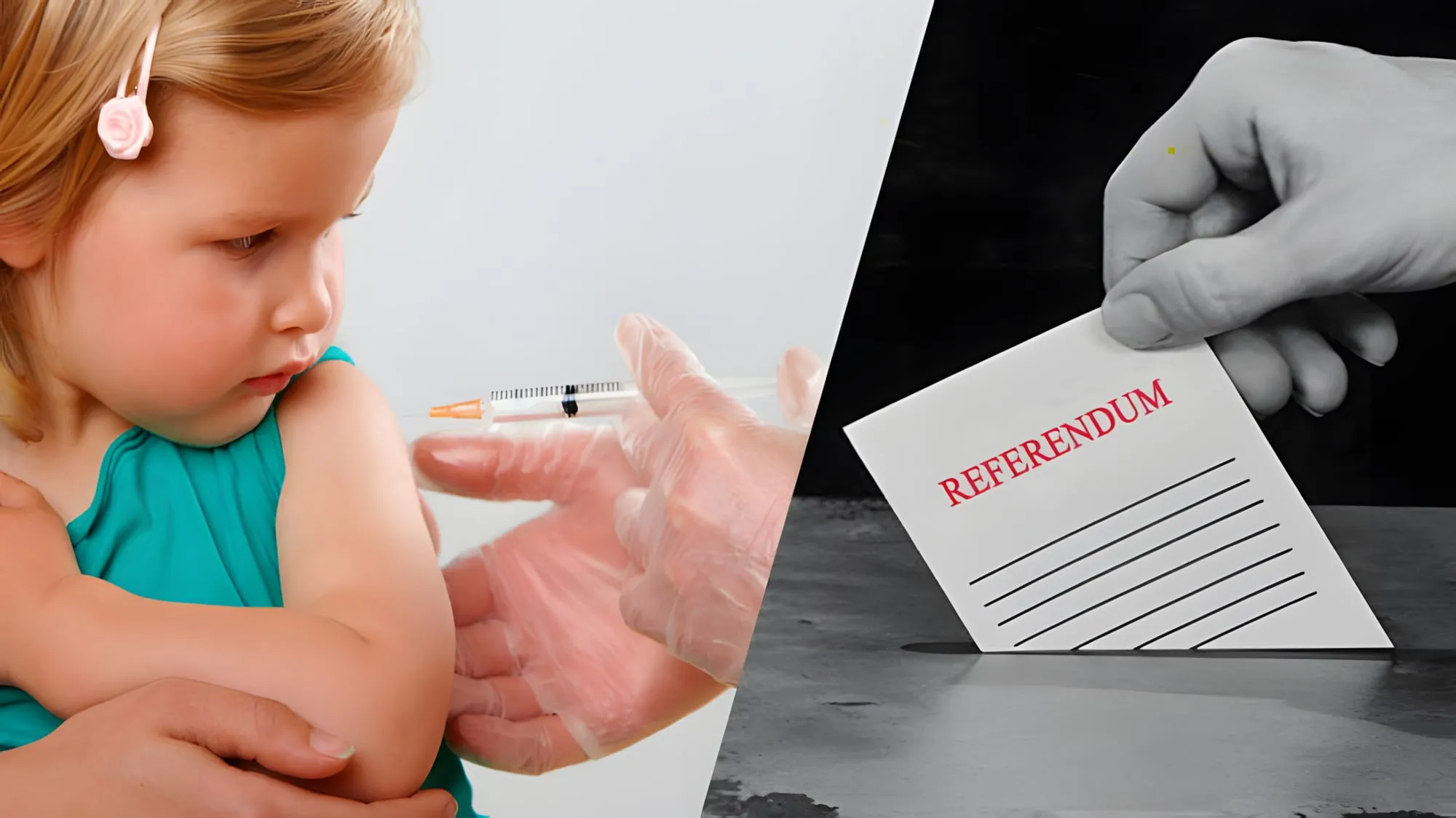 Collage con una bambina che riceve un vaccino a sinistra e, a destra, una mano che infila nell’urna una scheda con la scritta “Referendum”