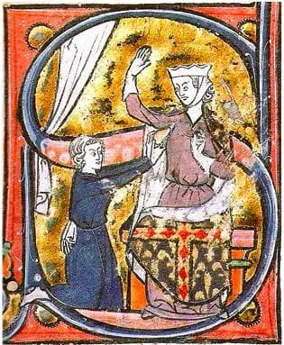 Lettera miniata medievale con un uomo inginocchiato che offre il cuore a una dama seduta, dal poema “Le Roman de la Poire”