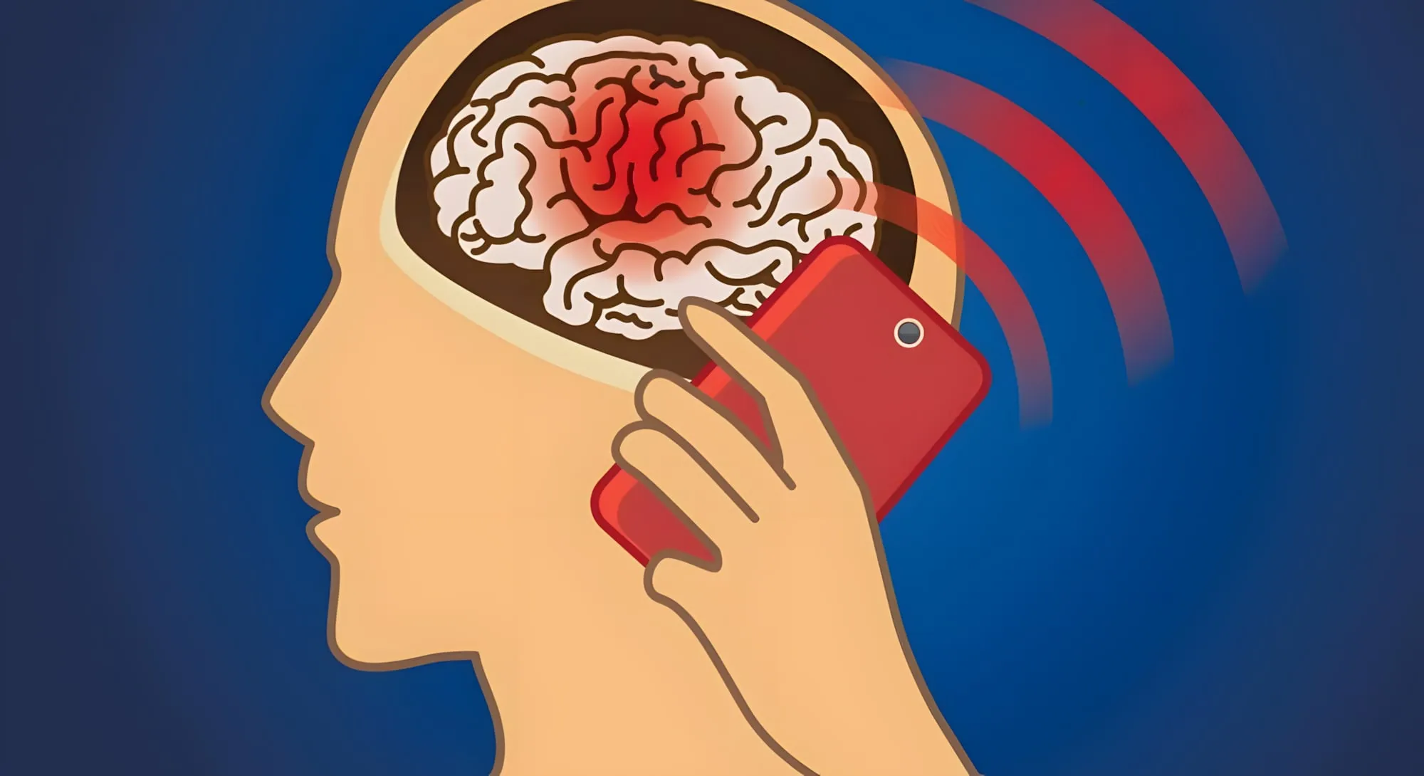 Illustrazione del profilo di una persona che parla al telefono, con onde rosse che arrivano al cervello