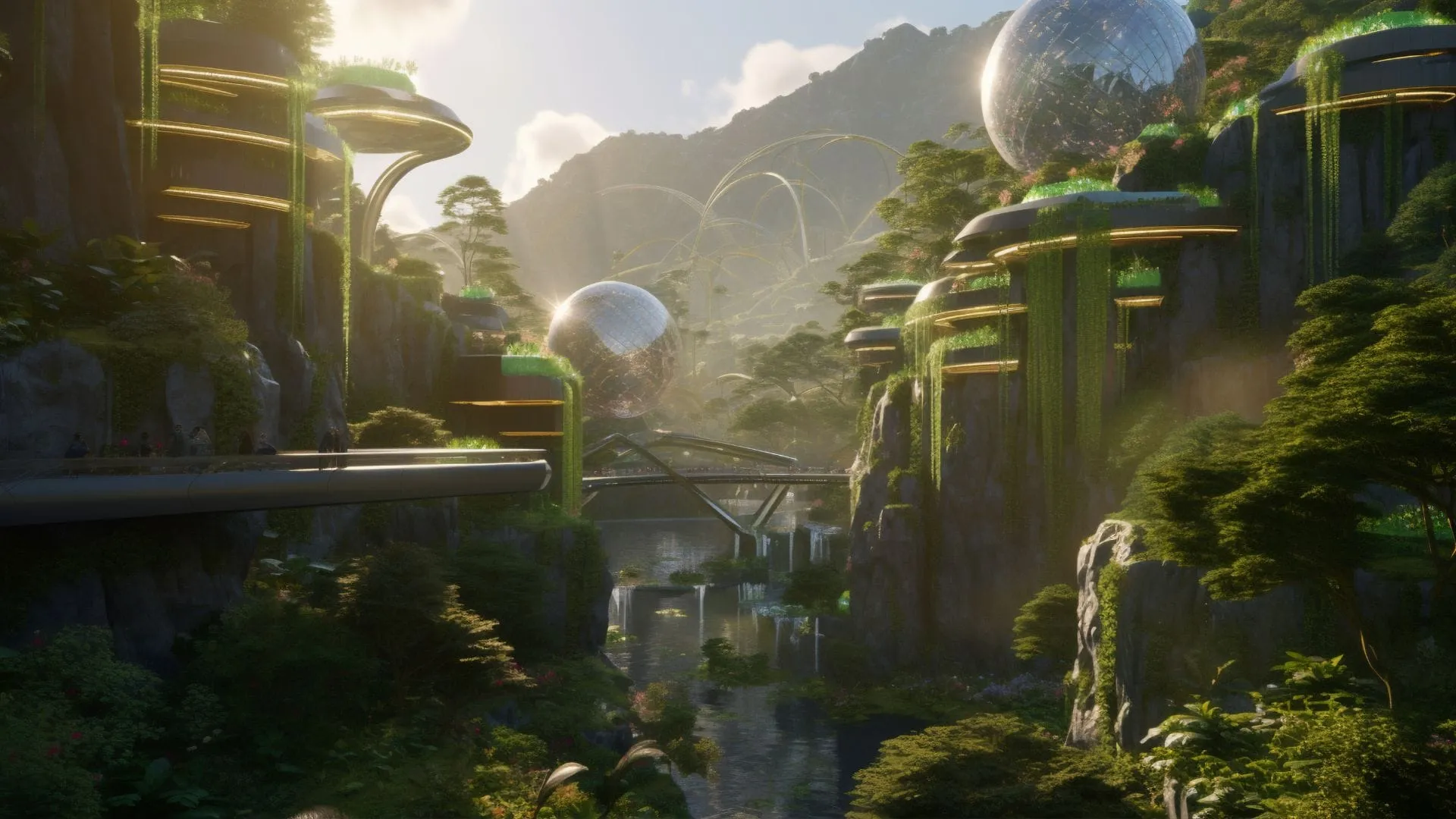 Città futuristica immersa nella vegetazione, con edifici sospesi sulla roccia, grandi sfere di vetro e un ponte su un fiume