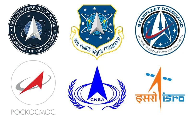 Sei loghi di agenzie e forze spaziali (Space Force, Air Force Space Command, Starfleet Command, Roscosmos, CNSA, ISRO), tutti con una forma a punta di freccia