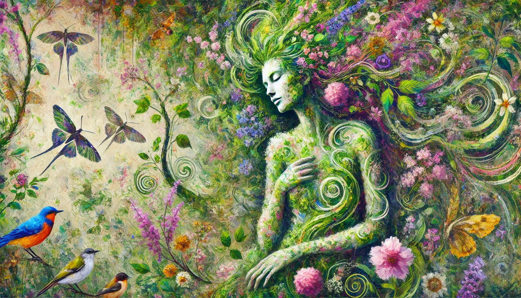 Dipinto di una figura femminile fatta di fiori, foglie e muschio, con gli occhi chiusi, circondata da uccelli e farfalle