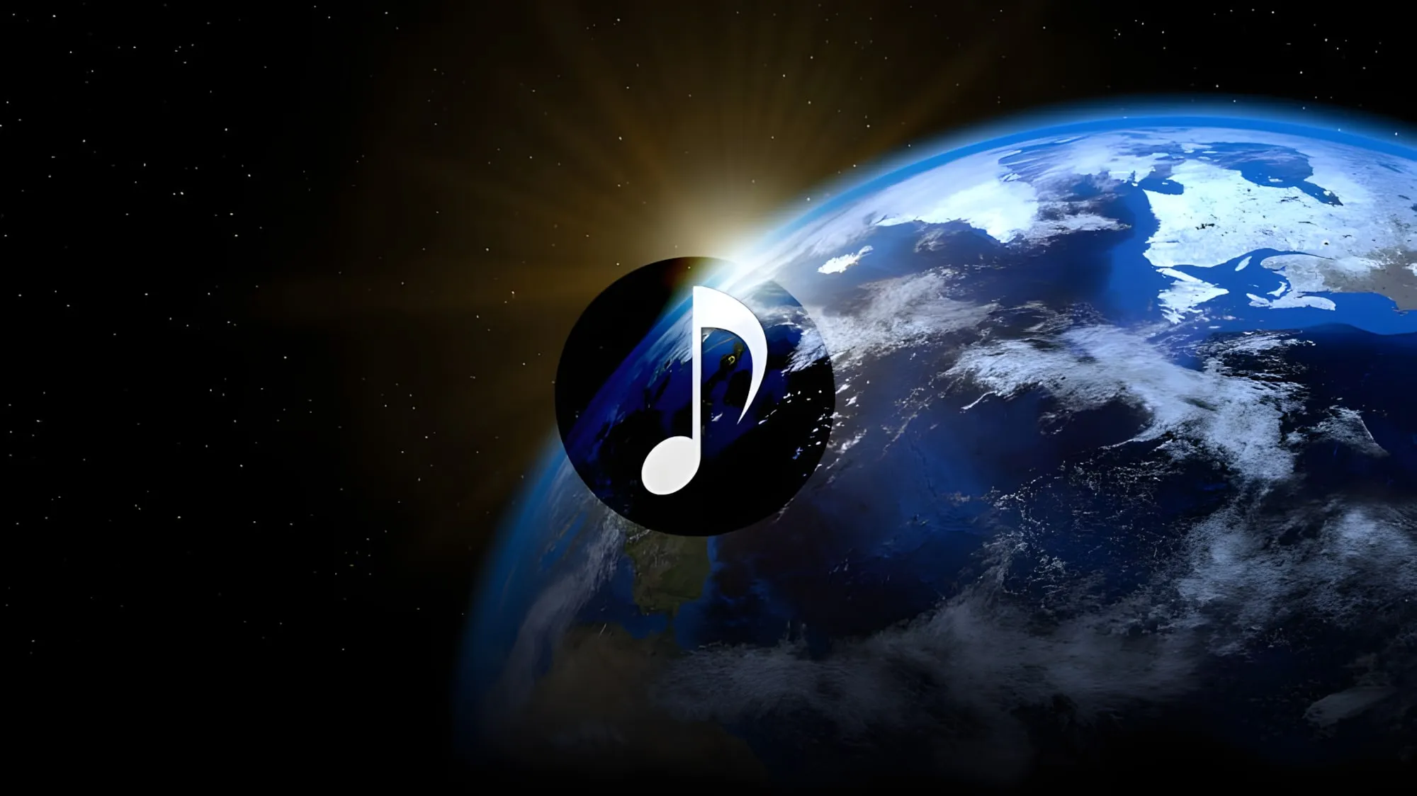 Pianeta Terra visto dallo spazio con un disco nero in primo piano e una nota musicale bianca