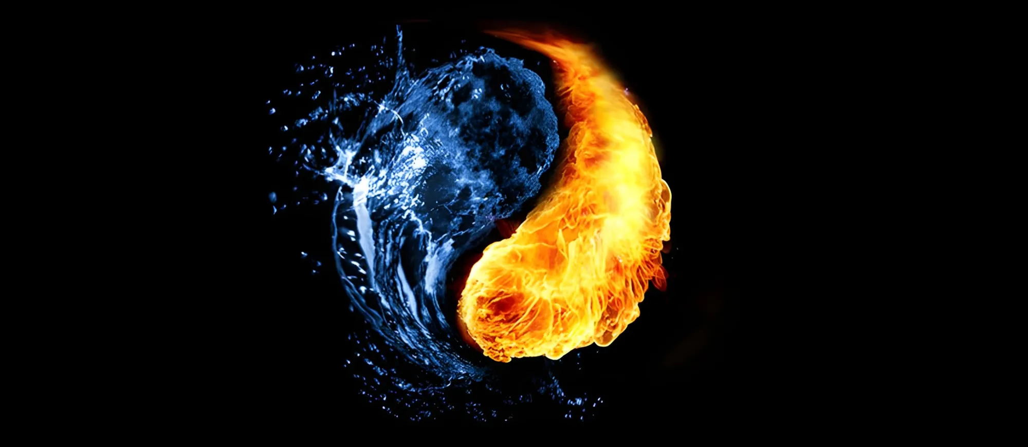 Simbolo dello yin e yang formato da acqua blu e fiamme arancioni su sfondo nero