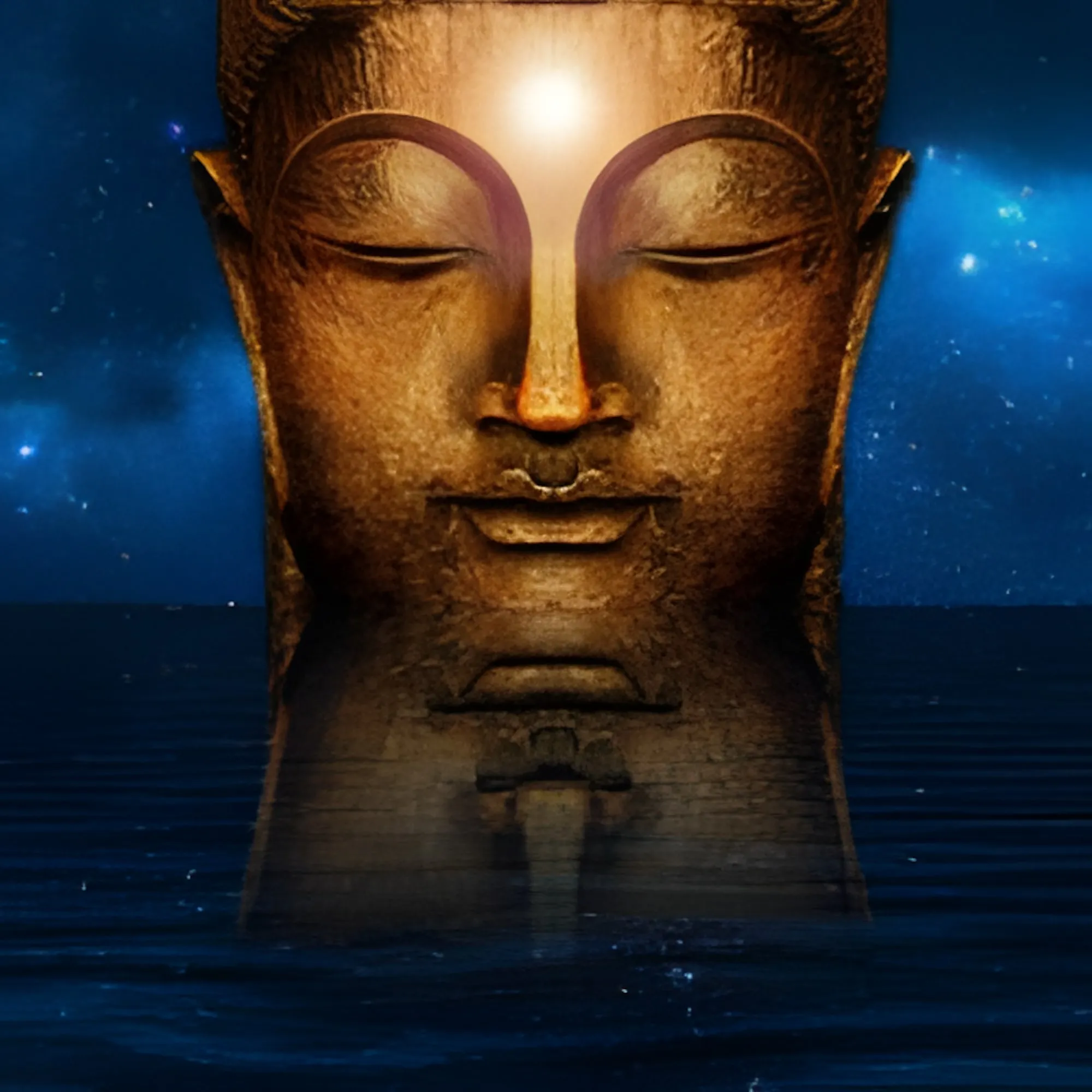 Grande volto di un Buddha con gli occhi chiusi e una luce sulla fronte, riflesso su un mare notturno stellato