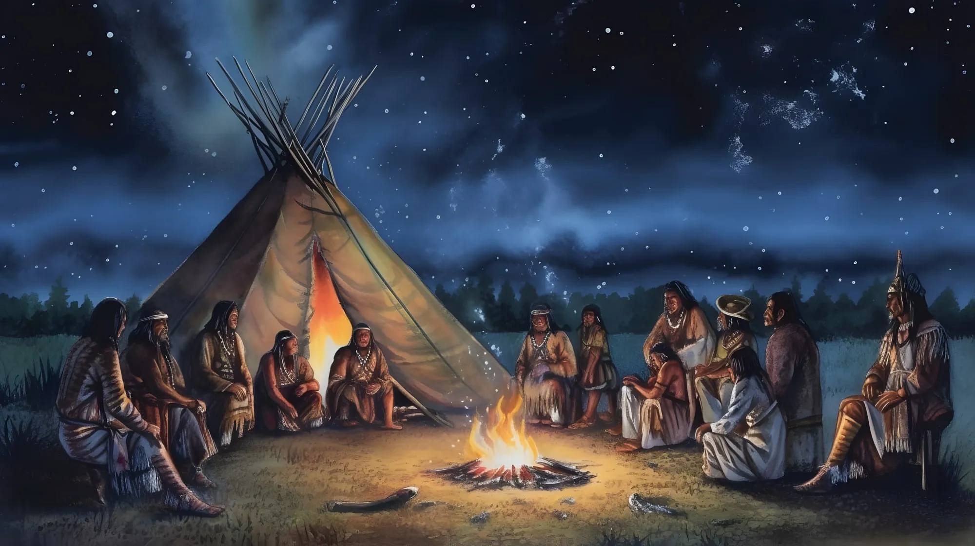 Illustrazione di un gruppo di persone sedute in cerchio attorno a un fuoco, davanti a una tenda tipi sotto un cielo stellato