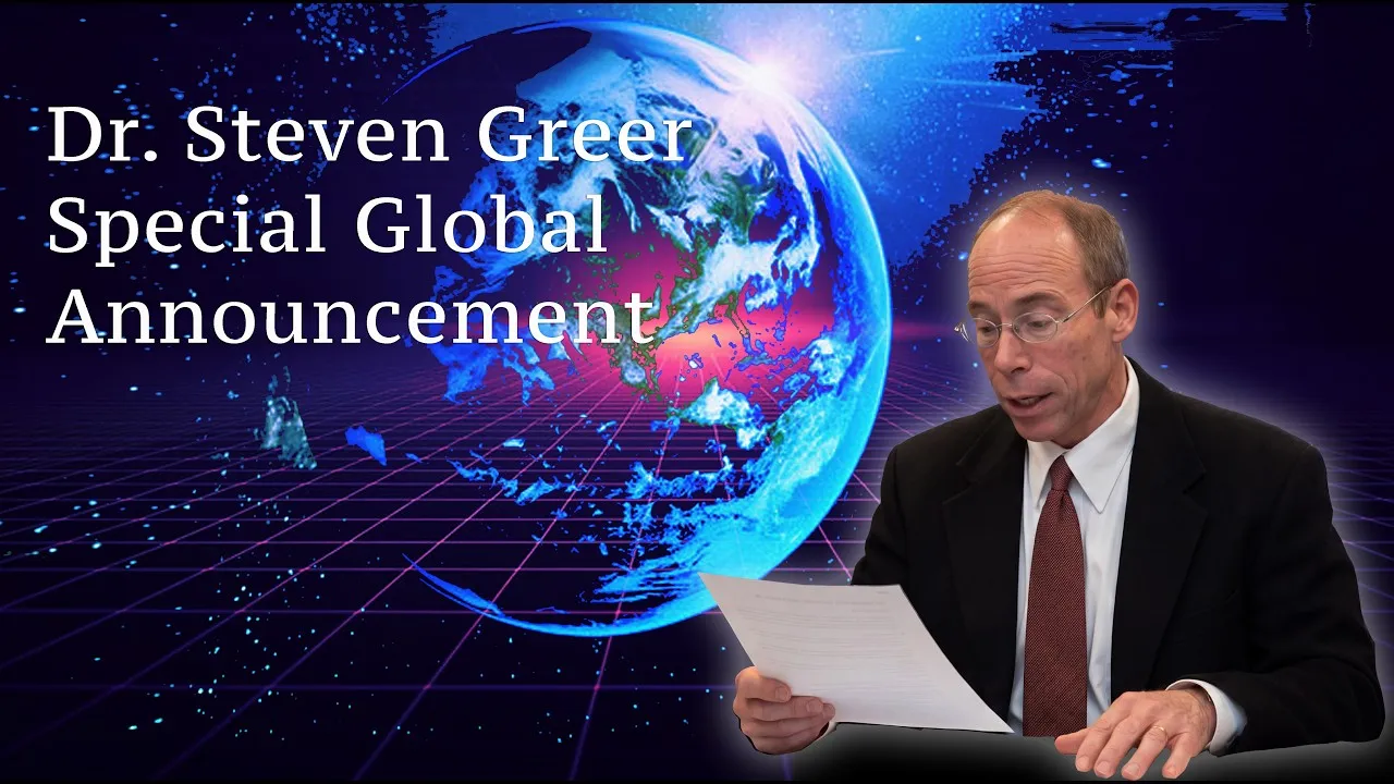 Il dottor Steven Greer legge un comunicato davanti a un globo terrestre digitale: Special Global Announcement