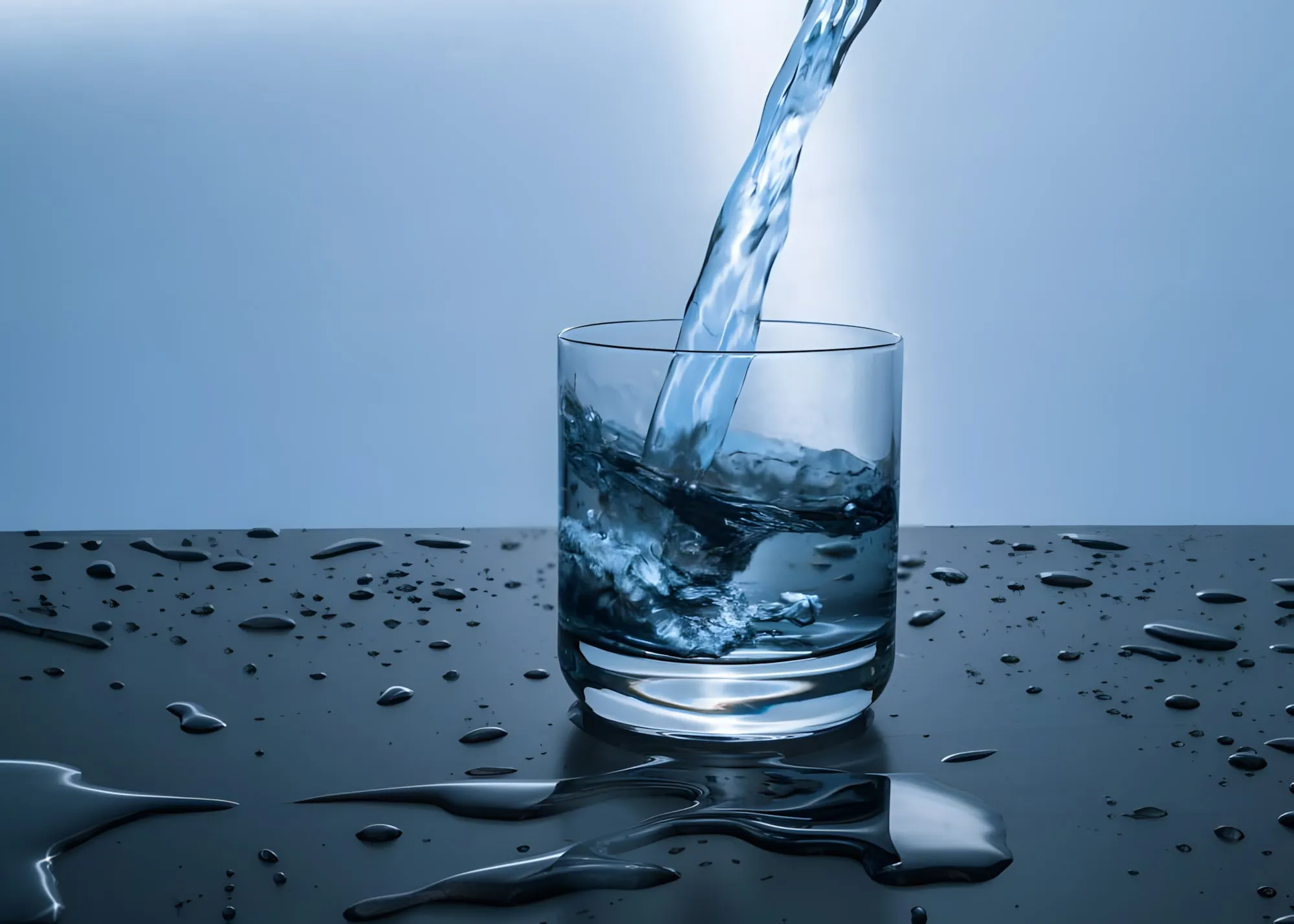 Acqua limpida che viene versata in un bicchiere di vetro, con gocce sparse sul piano scuro