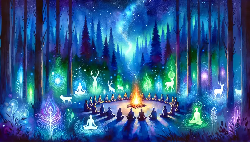 Illustrazione ad acquerello di un grande cerchio di persone sedute insieme intorno a un fuoco, di notte in un bosco, sotto un cielo stellato.